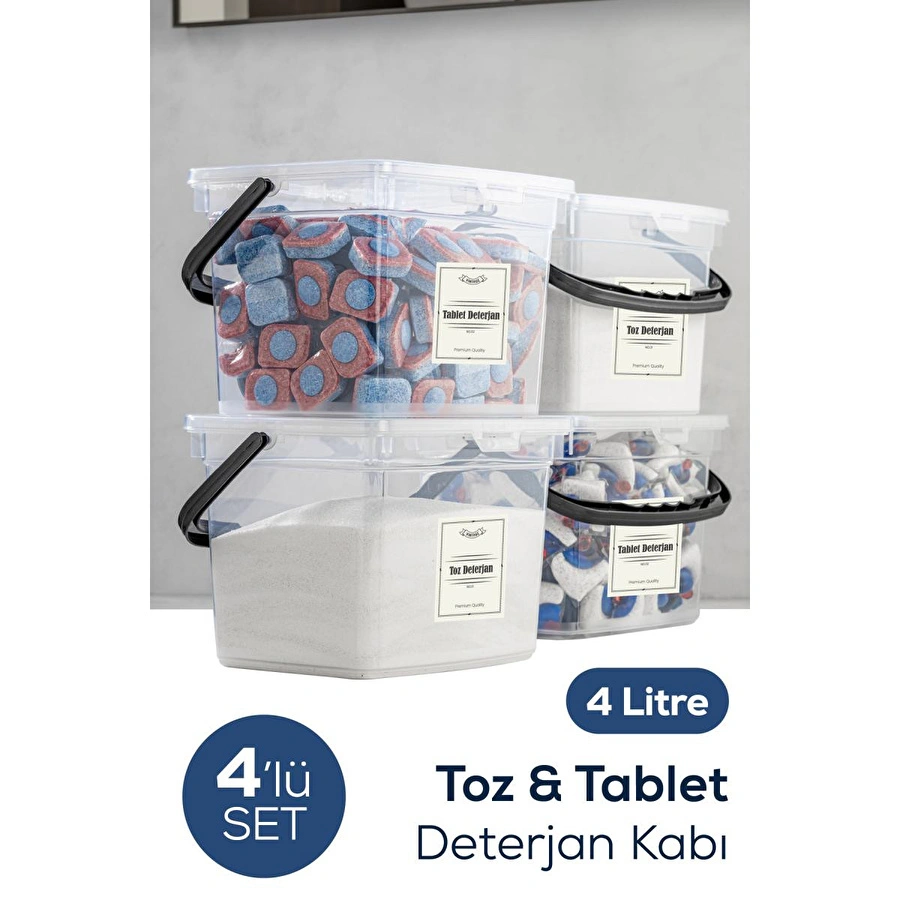 Vienev 4'lü 4 Litre Beyaz Etiketli Toz Tablet Deterjan Saklama Kabı - Deterjan Kutusu Beyaz