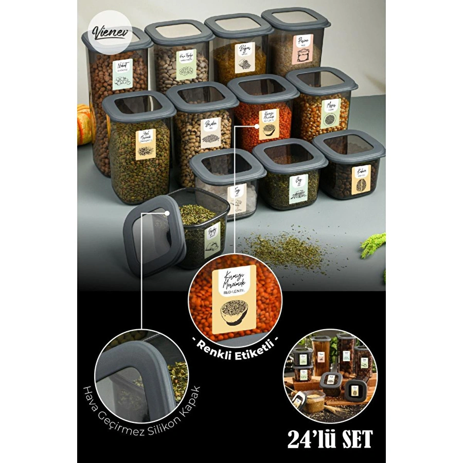 Vienev Renkli Etiketli 24lü Foly Kare Erzak Saklama Kabı 8x(0,55 Litre, 1,2 Litre, 1,75 Litre) Antrasit