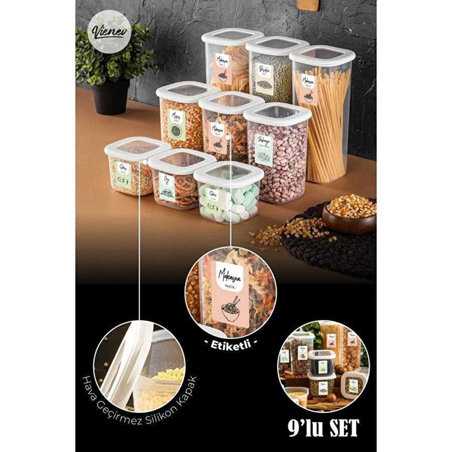 Vienev Renkli Etiketli Kare Erzak Saklama Kabı 9lu Set 3x(0,55 Litre, 1,2 Litre, 1,75 Litre) Beyaz