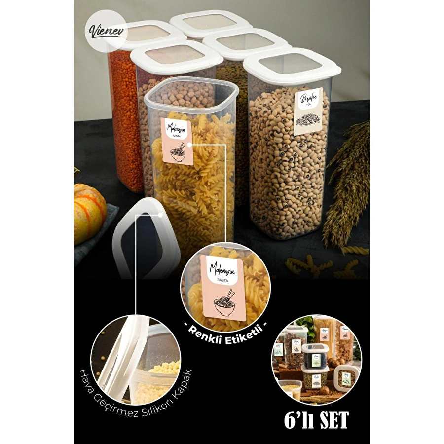 Vienev Renkli Etiketli Kare Erzak Saklama Kabı 6lı Set 1,75 Litre Beyaz