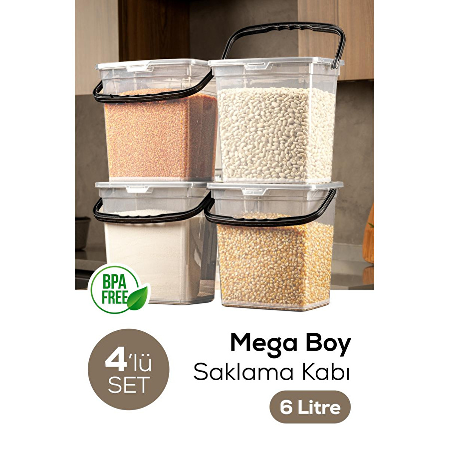 Vienev Mega Boy 4'lü Kare Un Bakliyat Kabı 6 Litre - Kulplu Saklama Kutusu Kabı Şeffaf