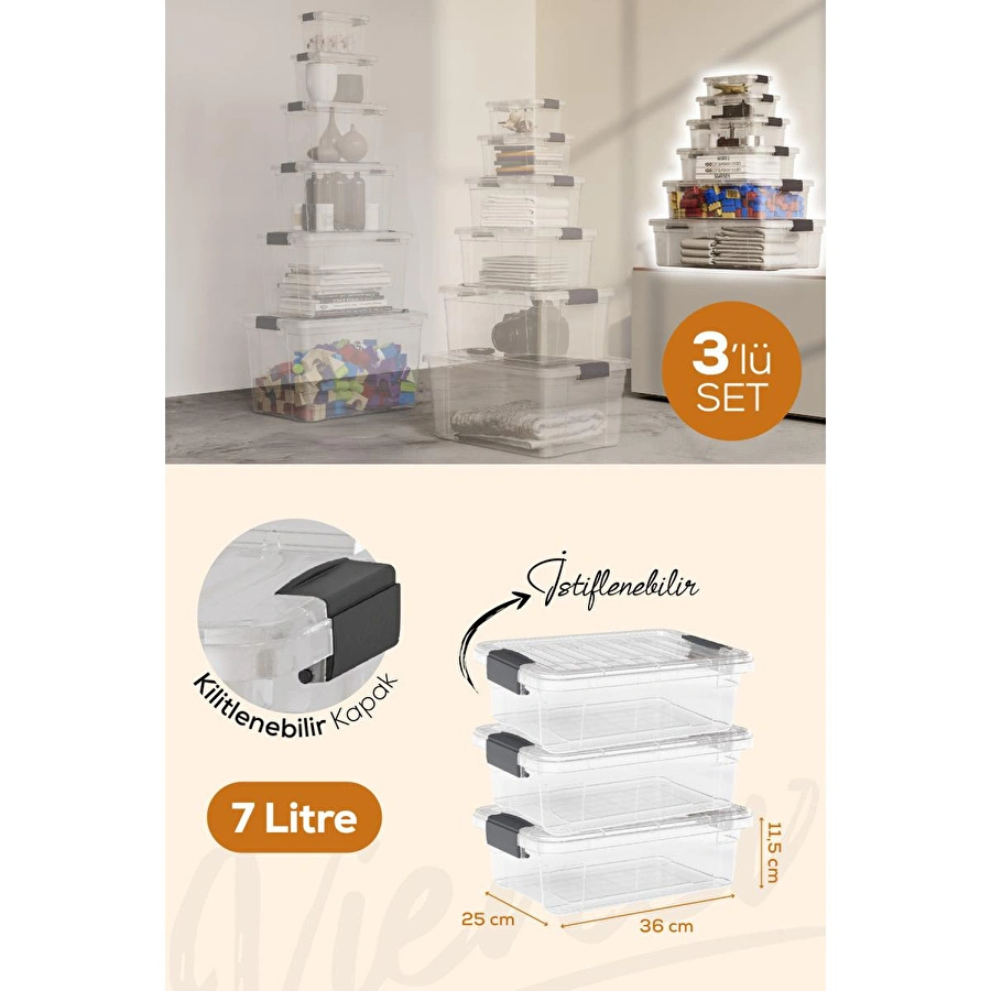 Vienev 3'lü 7 Litre Kilitli Kapaklı Saklama Ve Erzak Kutusu 33104
