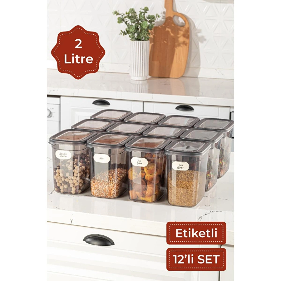 Vienev Etiketli 12li Set Peggy Uzun Dikdörtgen Saklama Kabı 2 Litre Antrasit