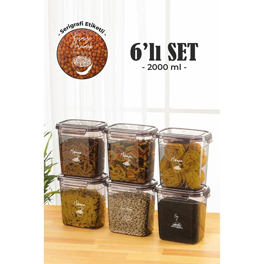 Vienev 6lı 2 Litre Contalı Dikdörtgen Saklama Kabı Seti Serigrafi Etiketli
