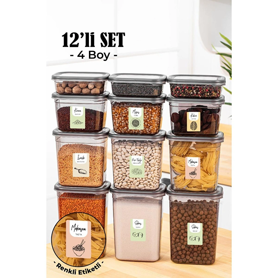 Vienev Renkli Etiketli 12li Peggy Dikdörtgen Saklama Kabı Seti 3x(1500-1150-800-400 Ml) Antrasit