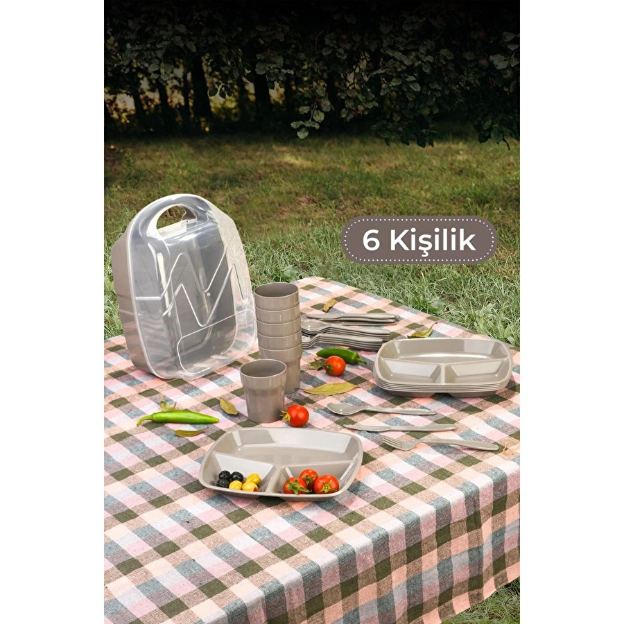 Vienev 6 Kişilik Çantalı Piknik Seti Bej