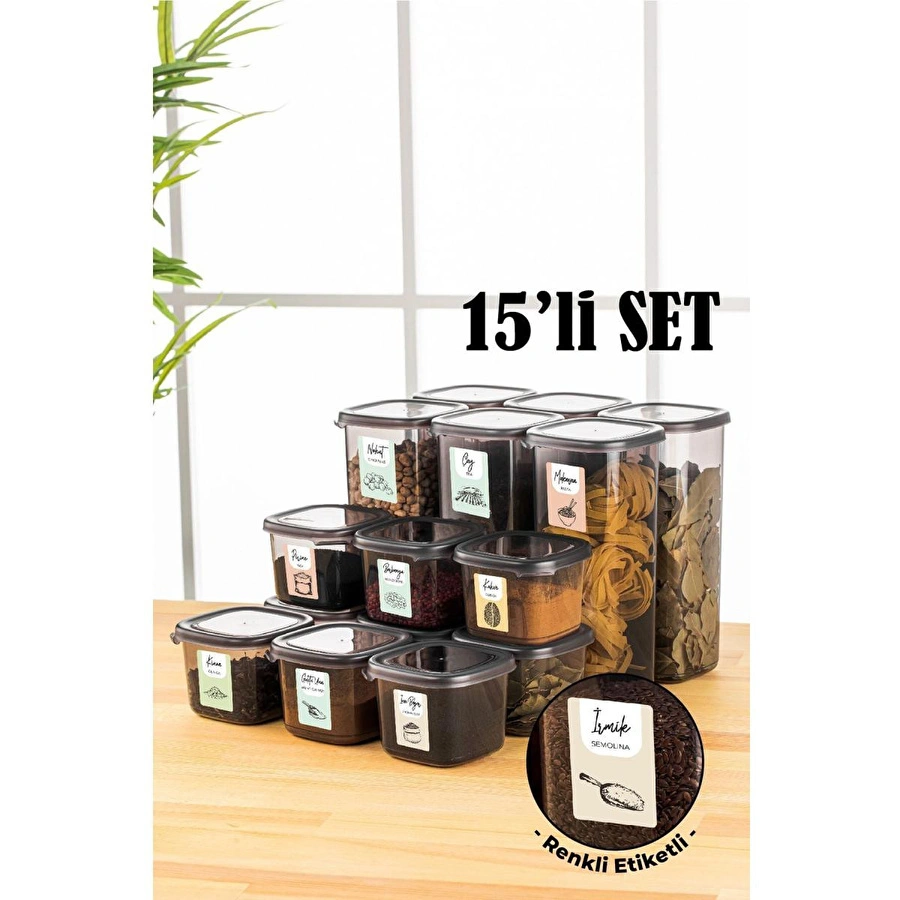 Vienev Renkli Etiketli 15li Peggy Kare Erzak Saklama Kabı 9x(0,55 Litre) - 6x(1,75 Litre) Antrasit