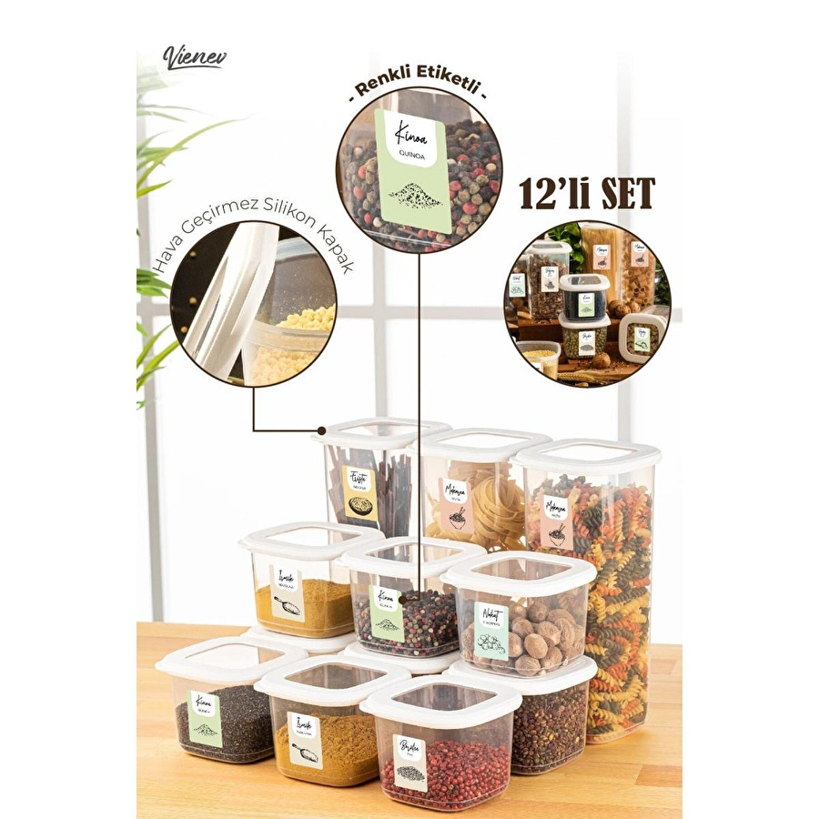 Vienev Renkli Etiketli 12li Foly Kare Erzak Saklama Kabı 9x(0,55 Litre) 3x(1,75 Litre) Beyaz