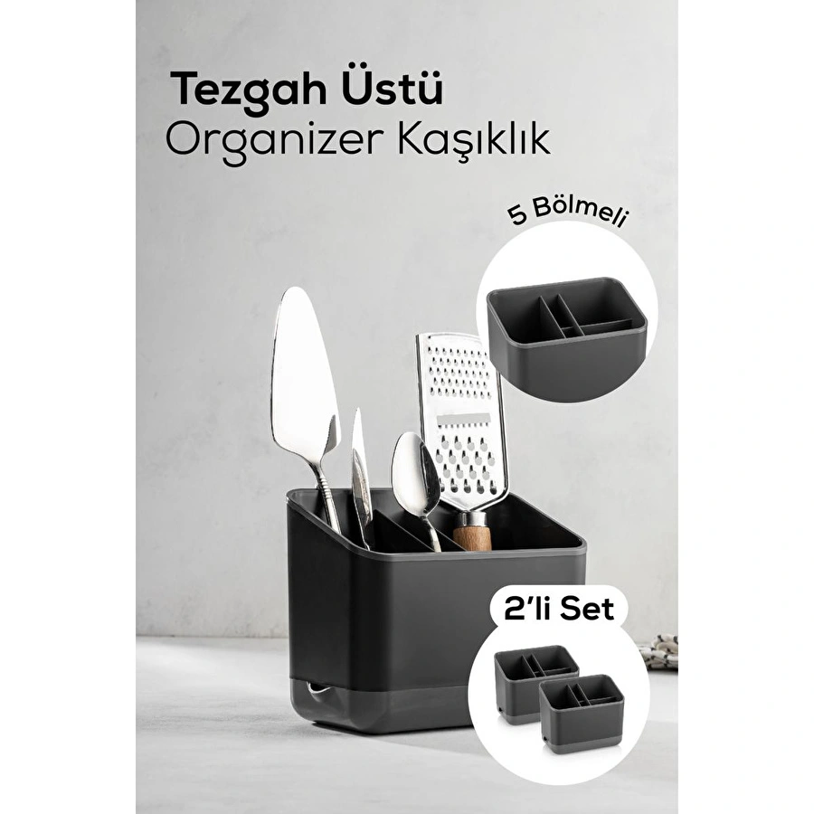 Vienev 2 Adet Tezgah Üstü Kaşık Düzenleyici 5 Bölmeli Organizer Kaşıklık Antrasit