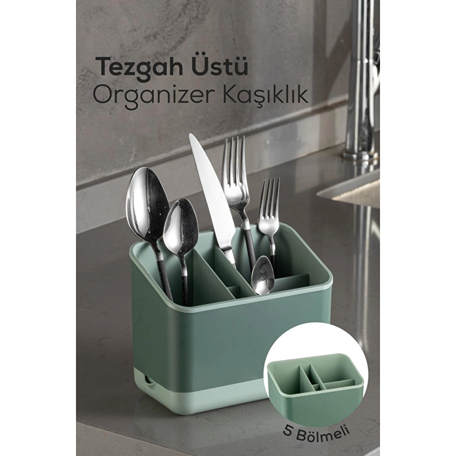 Vienev Tezgah Üstü Kaşık Düzenleyici 5 Bölmeli Organizer Kaşıklık Yeşil