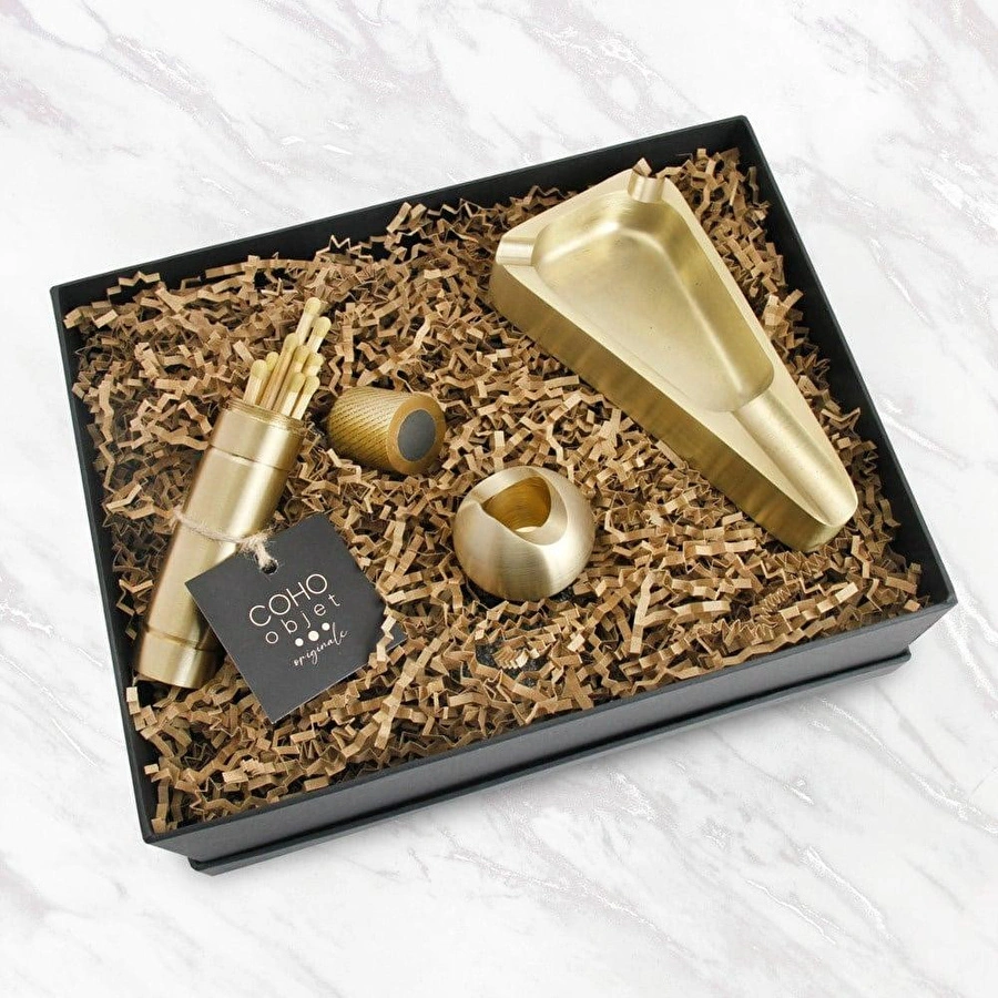 Coho Objet Coho Box Brazen Pirinç Puro Küllük & Kibritlik & Puro Stand Seti