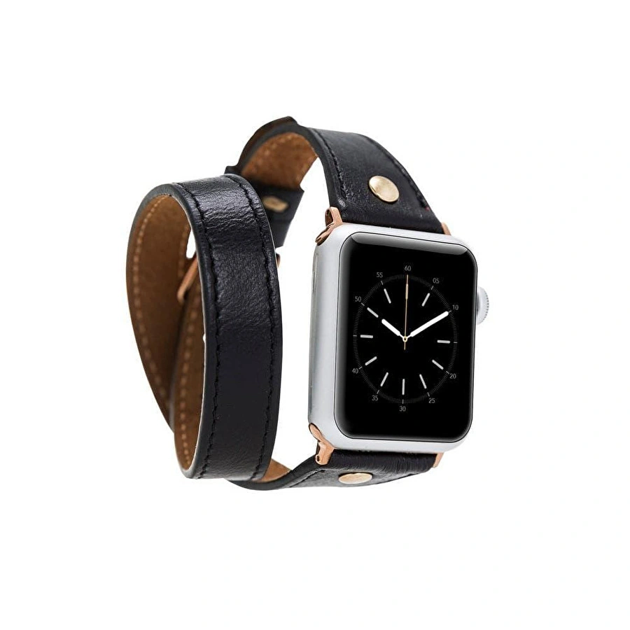 Bloominbag Alpine Double Tour Noir Black Hakiki Deri Apple Watch Kordonu - 44/45/46/49mm