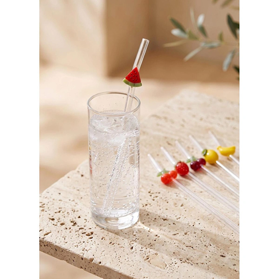 The Mia 6'lı Cam Meyve Dekorlu Pipet Seti