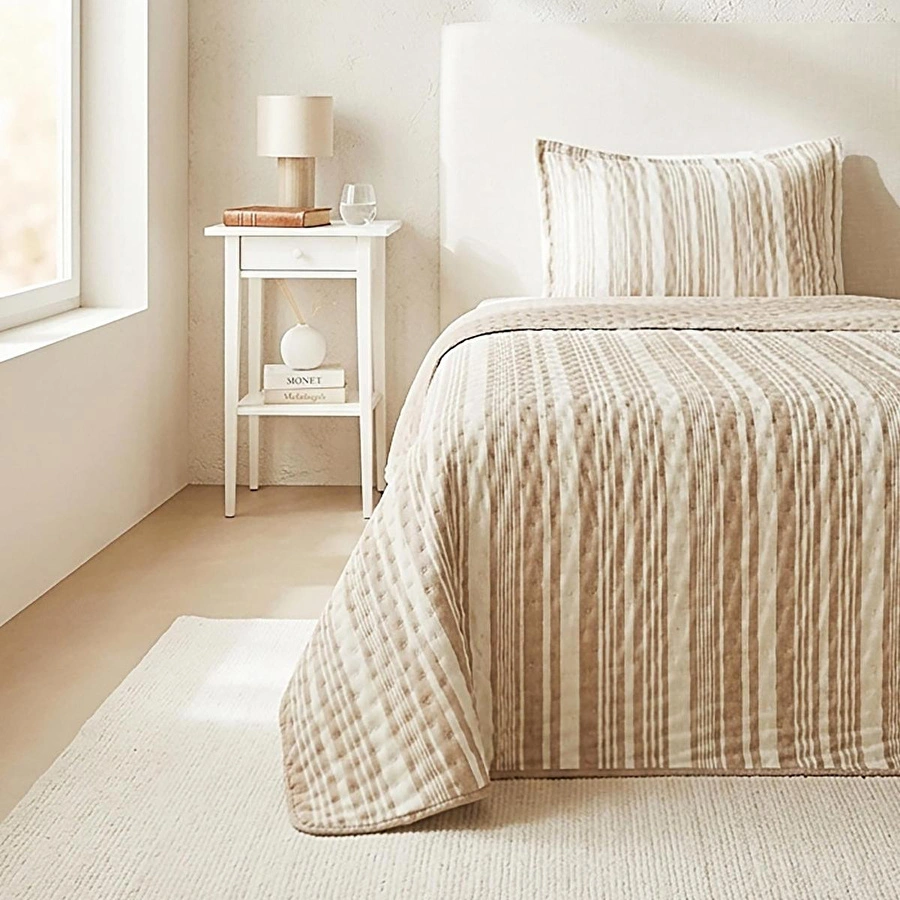 Ocean Home Textile Pamuklu Kaapitoneli Bej Renk Çizgi Desen Tek Kişilik Yatak Örtüsü Seti 1 Adet 160 X 230 / 1 Adet 50 X 70 Cm