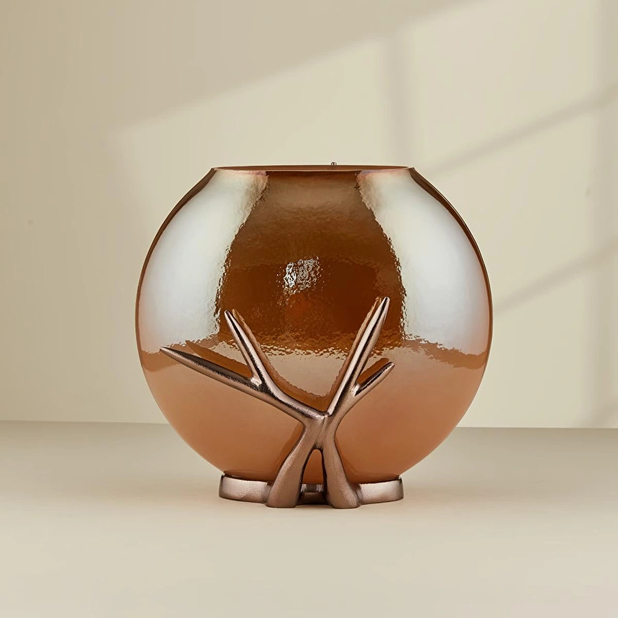 Cornella Gınger Antik Bronz Metal Detaylı Cam Vazo Küçük Ağız:15 Cm X Boy:25 Cm X Gövde:25 Cm