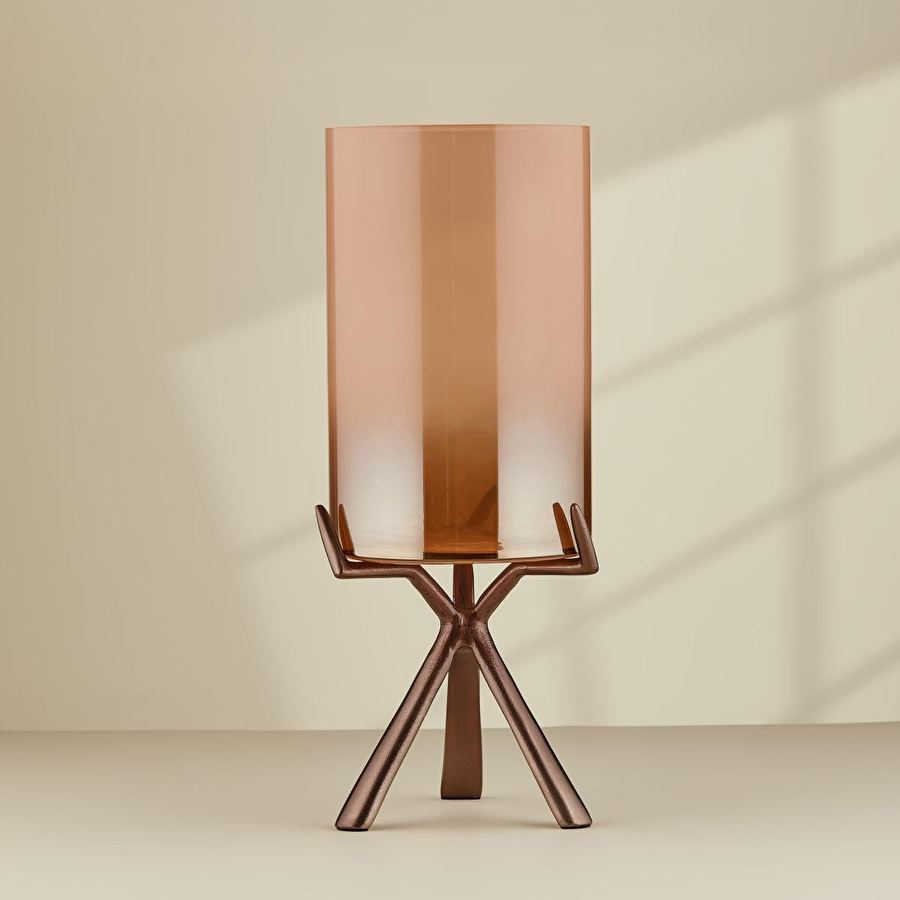 Cornella Gınger Saten Bronz Ayaklı Cam Şamdan Büyük Ağız:15cm X Boy:40 Cm