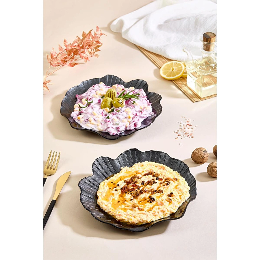 Lora Bianca Maris 2 Parça Siyah Büyük Deniz Kabuğu Cam Meze Servis Tabağı Seti - 2 Adet