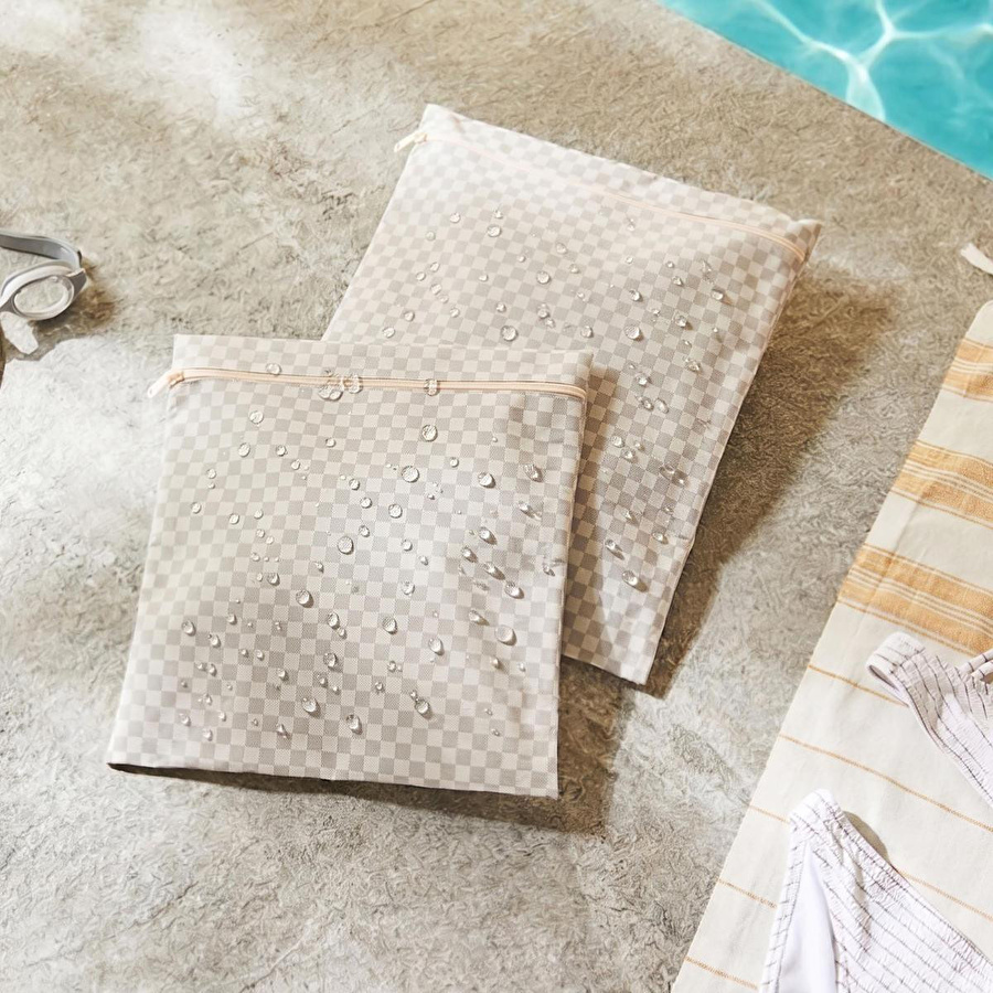 Ocean Home Textile 2'li Su Geçirmez Pvc Astarlı Gri Dama Desen Islak Kuru Çantası 28 X 30 / 30 X 36 Cm