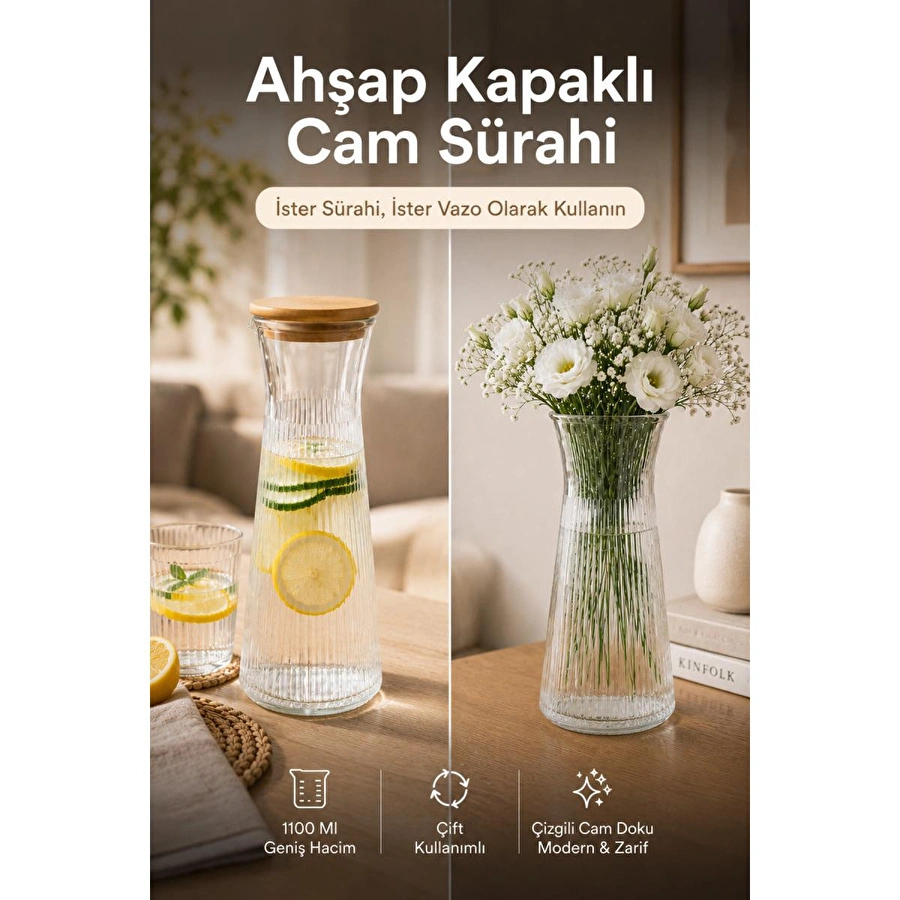 Vienev Ahşap Kapaklı Cam Sürahi & Vazo 1100 Ml - Çizgili Cam Karaf Başucu Sürahisi 25 Cm