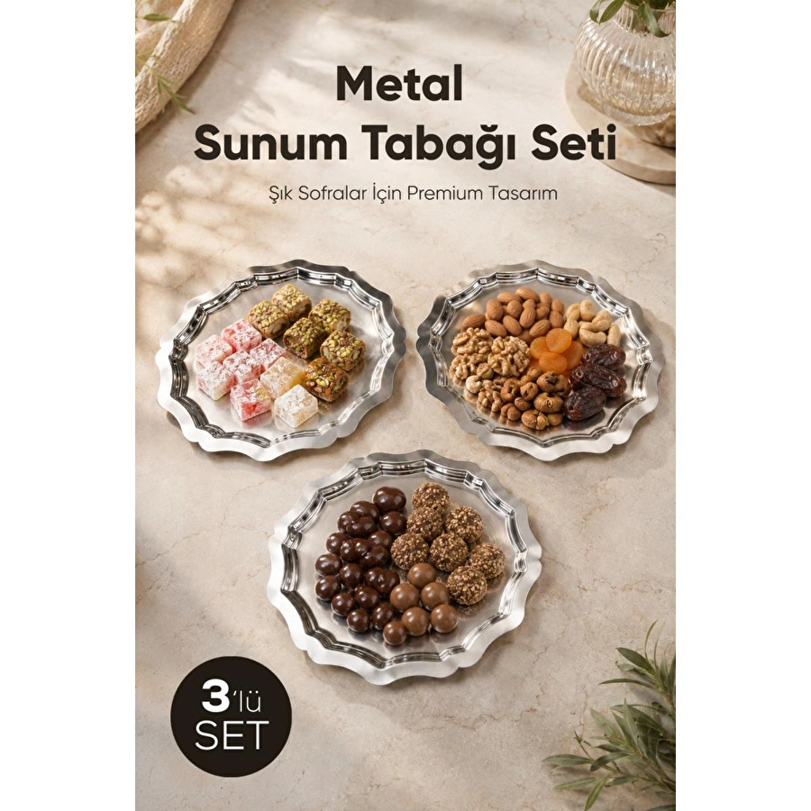 Vienev 3'lü Metal Sunum Tabağı Seti 24 Cm - Çiçek Dekor Sunum Tepsi