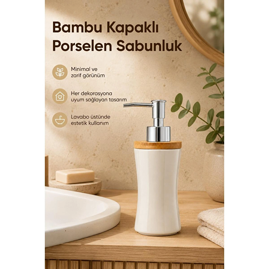 Vienev Bambu Kapaklı Porselen Sıvı Sabunluk 300 Ml Bej