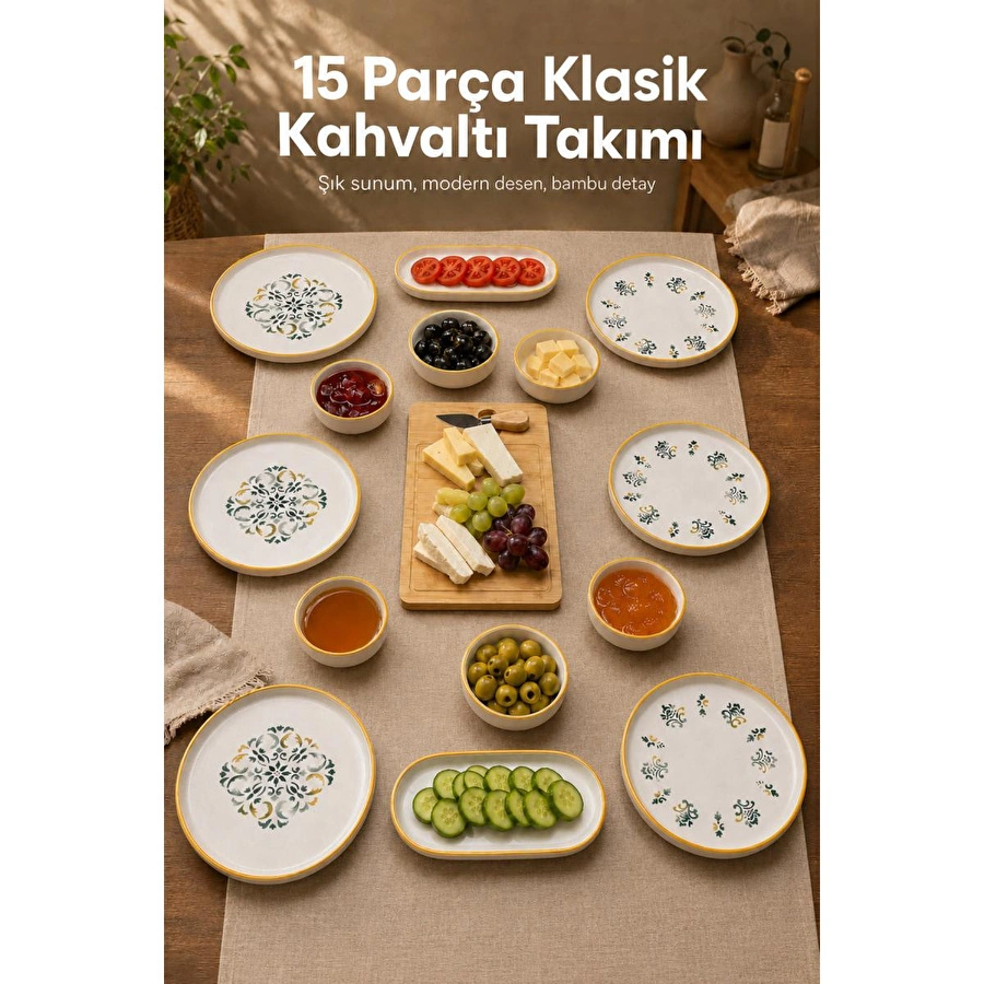 Vienev 15 Parça Bambu Sunumluklu Klasik Kahvaltı Takımı Seti