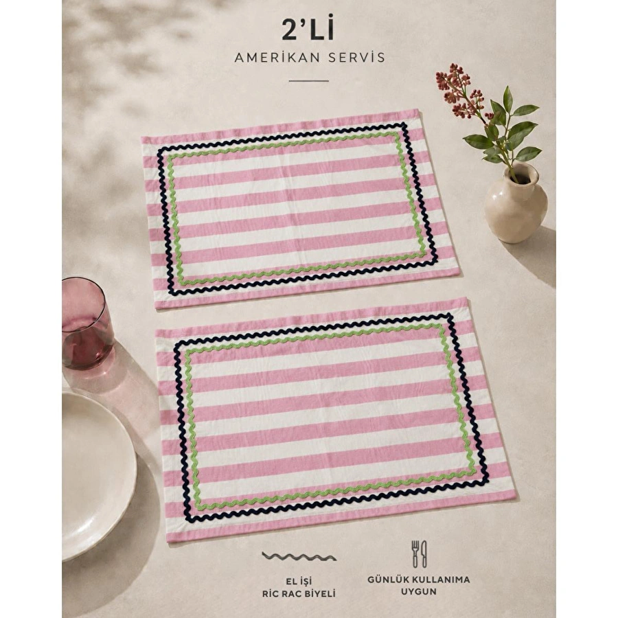 Beige & Stone Pembe Çizgili Açık Yeşil - Lacivert Biyeli Amerikan Servisi 2'li Set 33x44 Cm Sofra Ve Masa Düzeni Dekoru