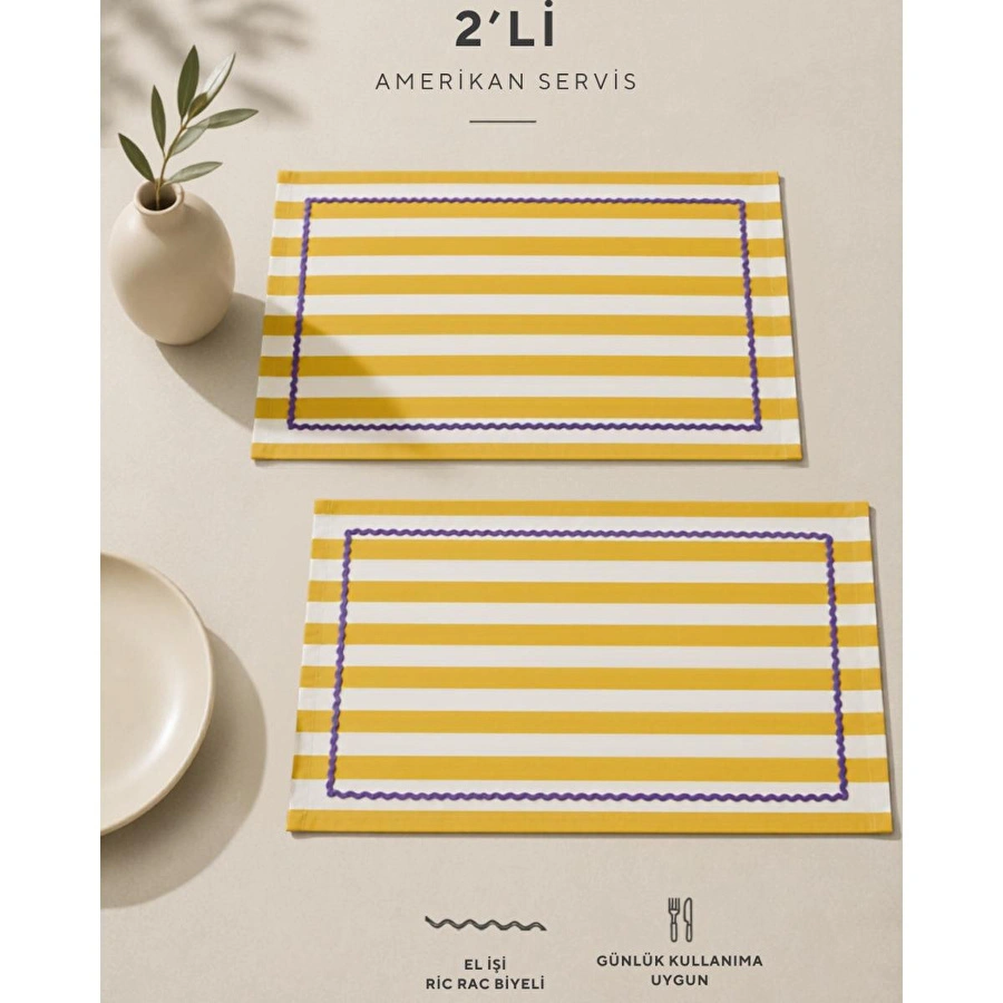 Beige & Stone Sarı Çizgili Mor Biyeli Amerikan Servisi 2'li Set 33x44 Cm Sofra Ve Masa Düzeni Dekoru