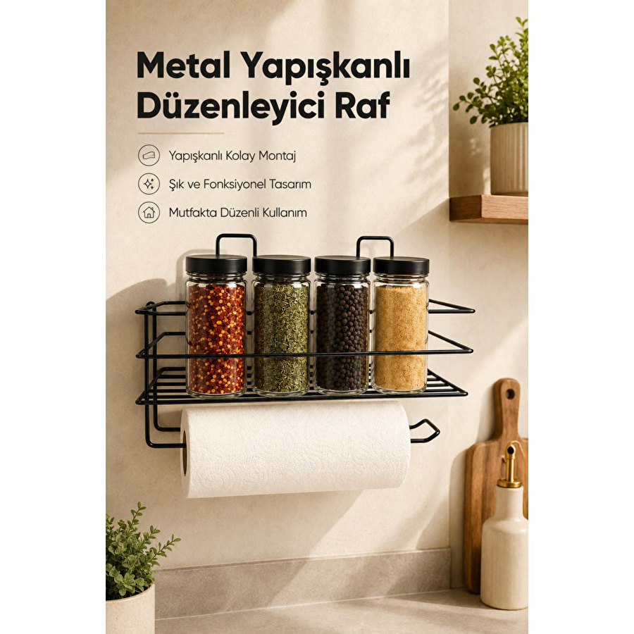 Vienev Yapışkanlı Siyah Metal Mutfak Rafı Ve Kağıt Havluluk