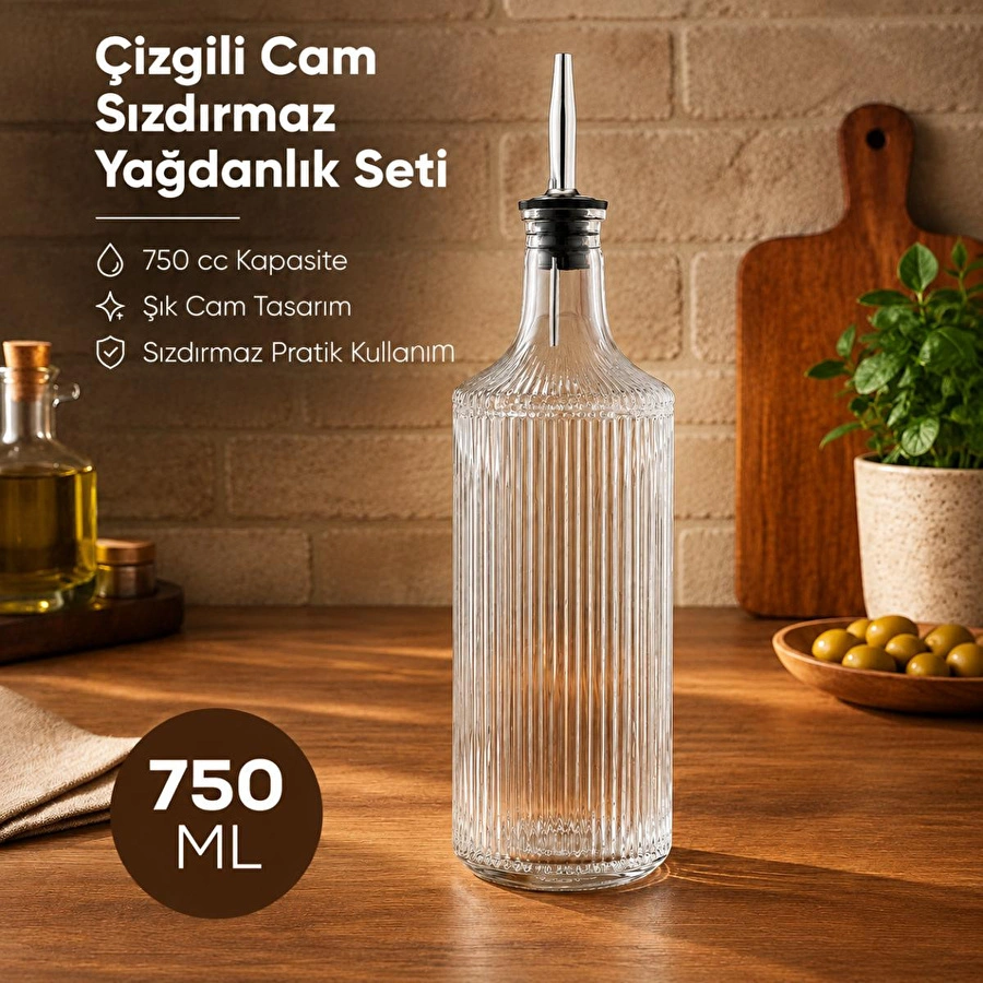 Vienev Çizgili Cam Yağdanlık Seti 750 Cc Yağ Sirke Şişesi Sızdırmaz