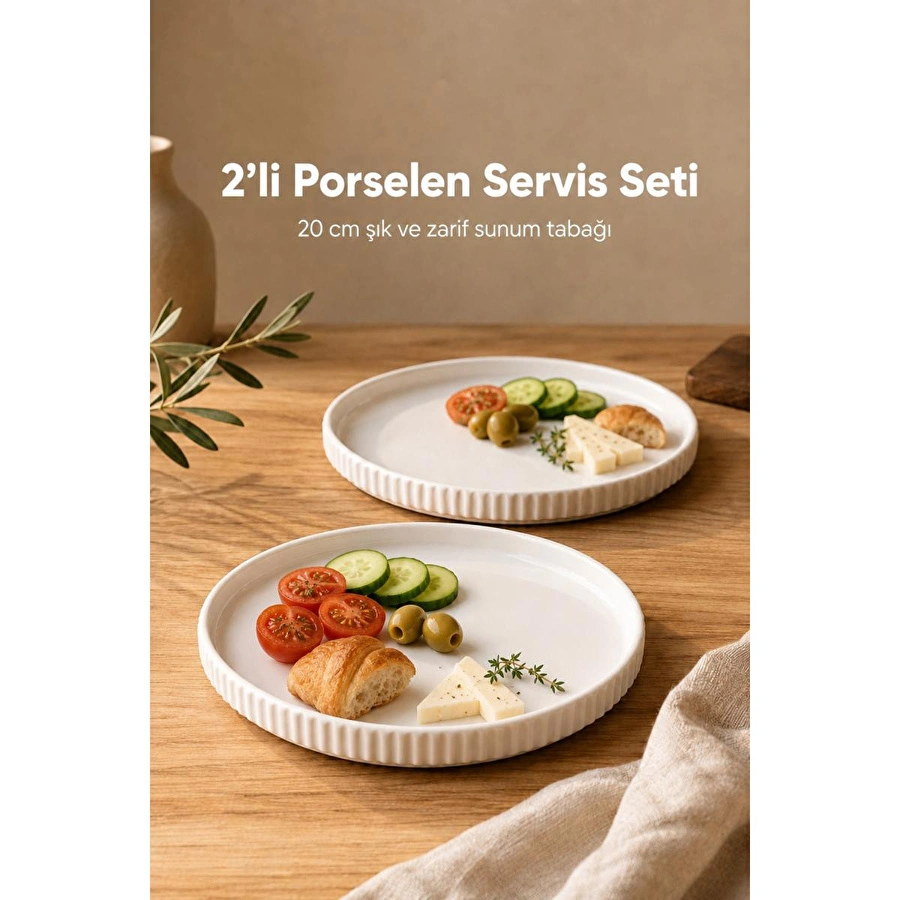 Vienev 2 Parça 20 Cm Porselen Servis Tabağı Seti - Modern Çizgili Yuvarlak Sunum Tabağı