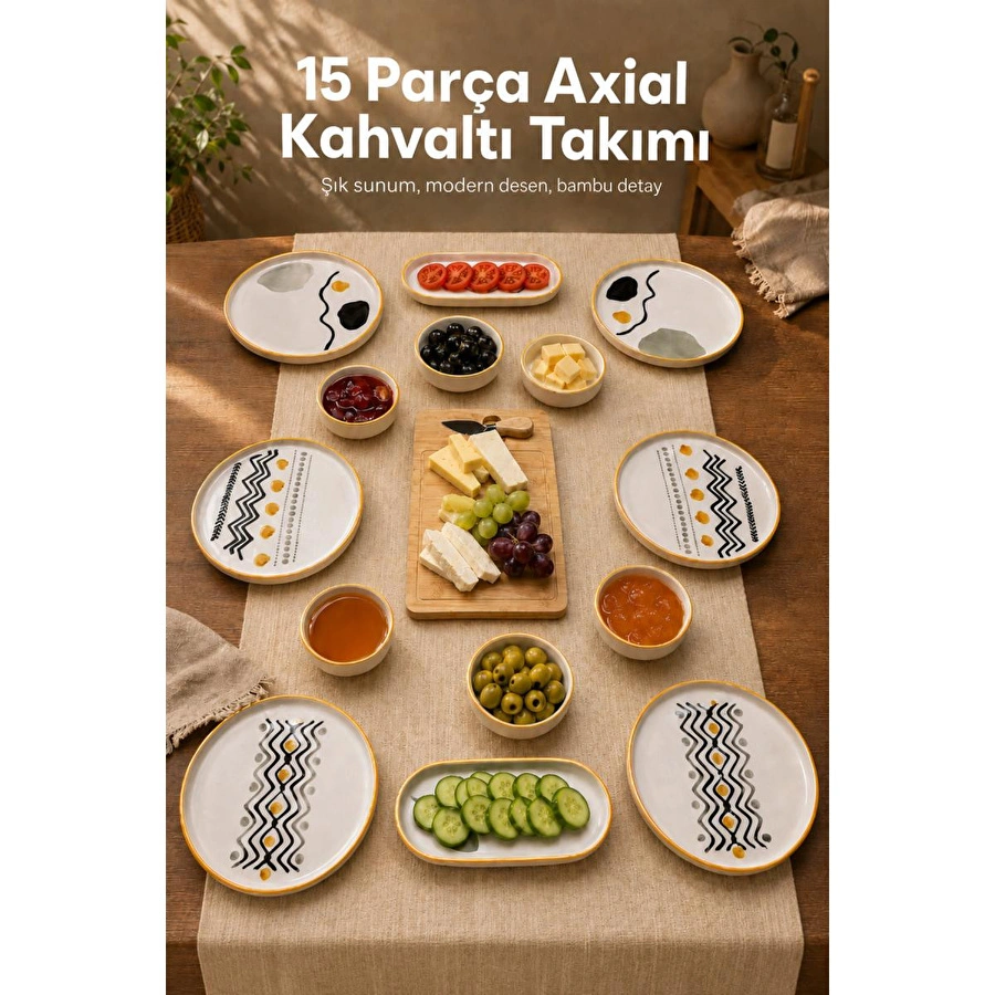 Vienev 15 Parça Bambu Sunumluklu Axial Kahvaltı Takımı Seti