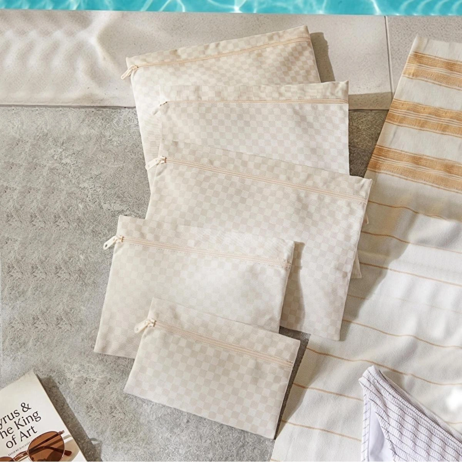 Ocean Home Textile 5'li Su Geçirmez Pvc Astarlı Bej Dama Desen Islak Kuru Çanta Seti 20 X 13 / 24 X 20 / 30 X 24 / 28 X 30 / 30 X