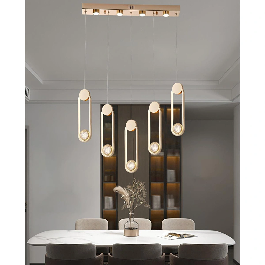 Apliqa Beckett 5'li Sıralı Kristal Top Başlıklı Gold Sarkıt Led Avize