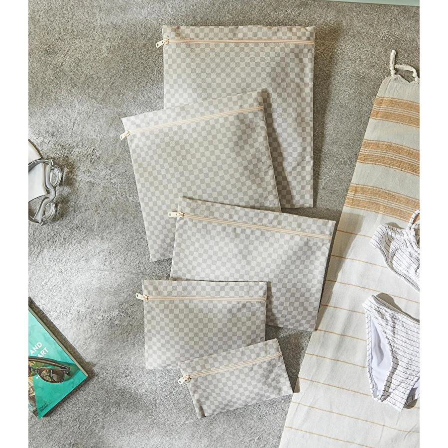 Ocean Home Textile 5'li Su Geçirmez Pvc Astarlı Gri Dama Desen Islak Kuru Çanta Seti 20 X 13 / 24 X 20 / 30 X 24 / 28 X 30 / 30 X