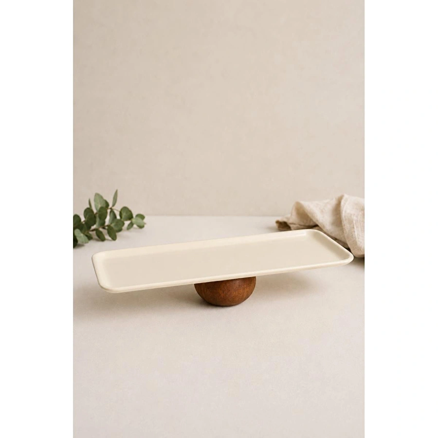 Beige & Stone Ahşap Ayaklı Krem Paslanmaz Çelik Servis - Sunum Tabağı Dikdörtgen 33 Cm Pasta Meyve Kek Standı
