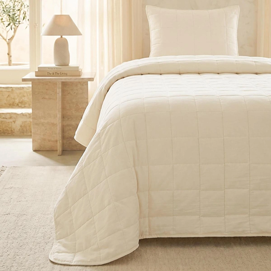 Ocean Home Textile %100 Pamuk Kumaş Kapitoneli Ekru Çok Amaçlı Tek Kişilik Yatak Örtüsü Seti 1 Adet 180 X 230 / 1 Adet 50 X 70 Cm