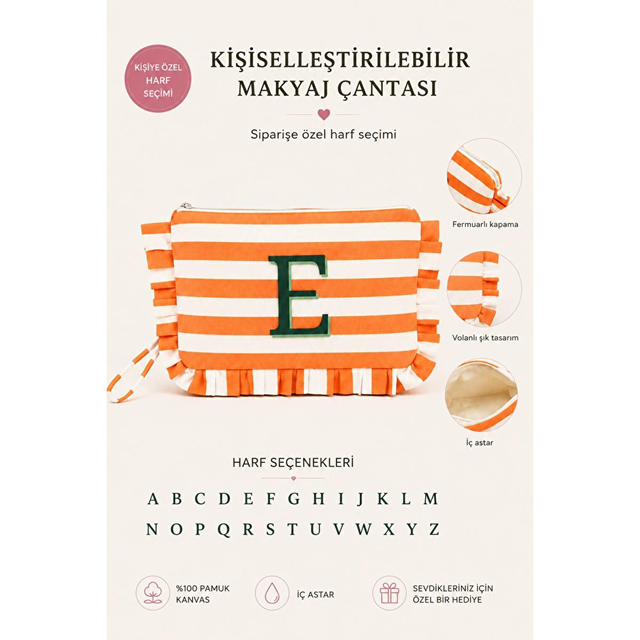 Beige & Stone Kişiye Özel Harf Detaylı Turuncu Çizgili 17x29 Cm Volanlı Clutch & Portföy Çanta Kadın El Çantası