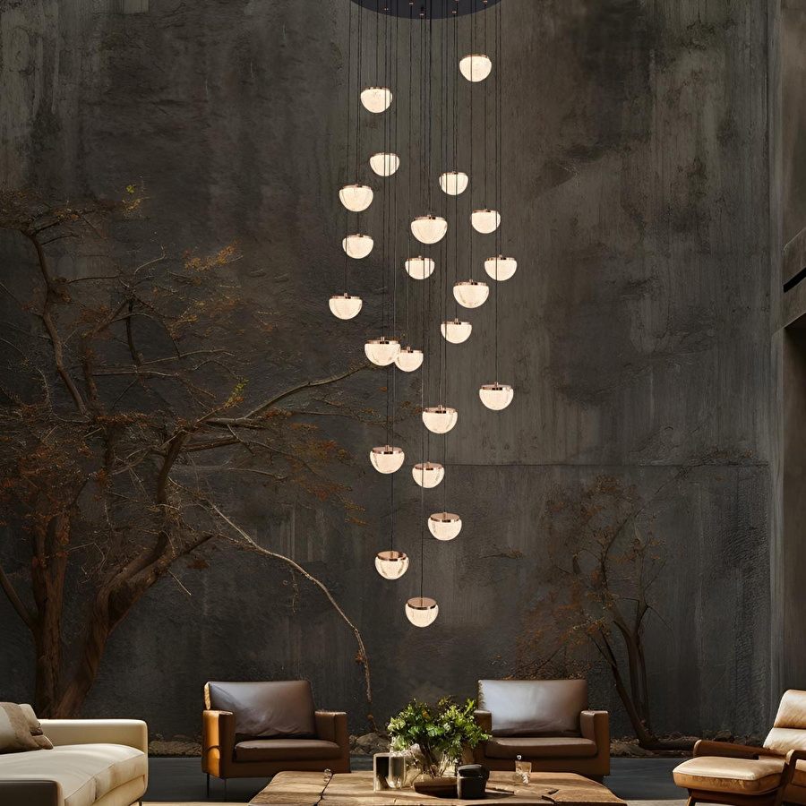 Apliqa Derem 22'li Siyah Gold 200 Watt Yuvarlak Kristal Taşlı Salon Led Sarkıt Avize