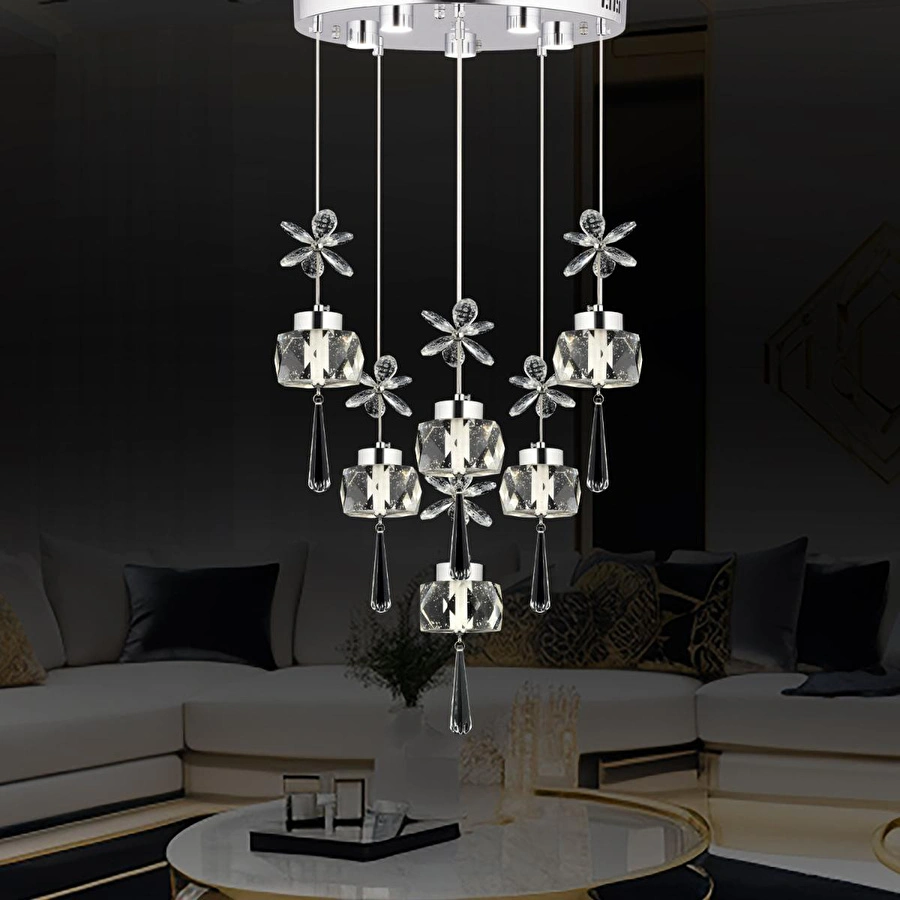 Apliqa Amaris 6'lı Yuvarlak 3 Renkli 79 Watt Krom Kelebek Led Avize Kristal Ledli Modern Oturma Odası Büyük Salon Sarkıt Avize