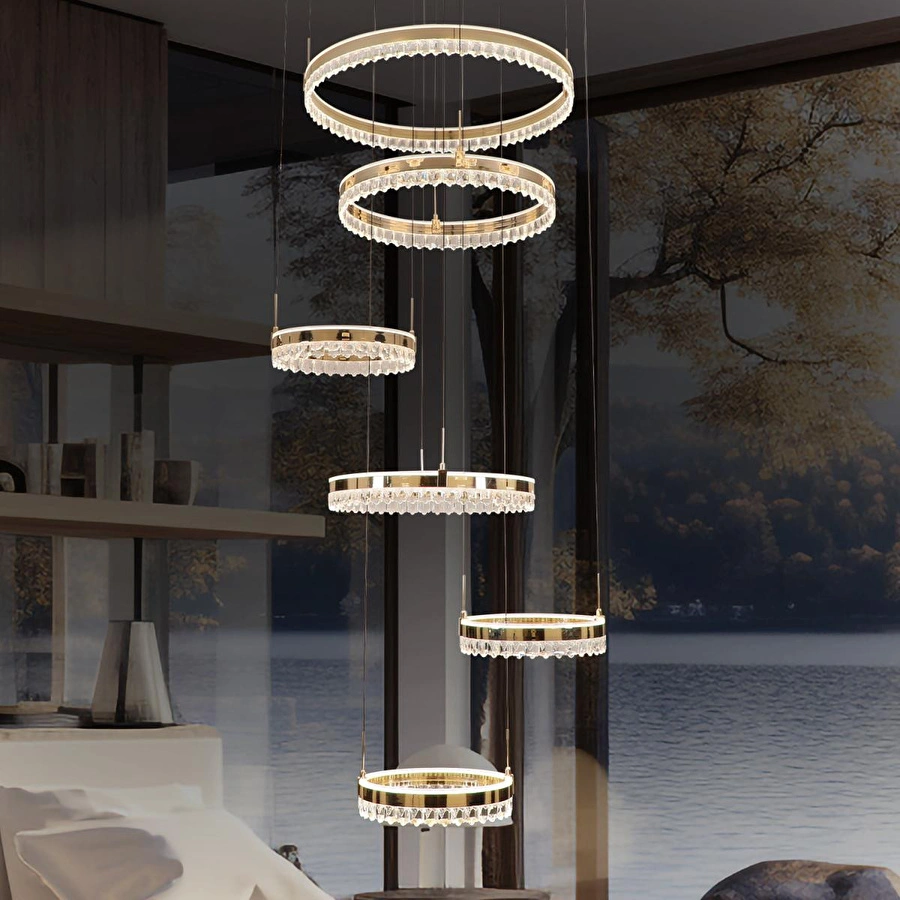 Apliqa Canel Gold 6 Katlı 485 Watt Kristal Taşlı Modern Led Sarkıt Led Avize