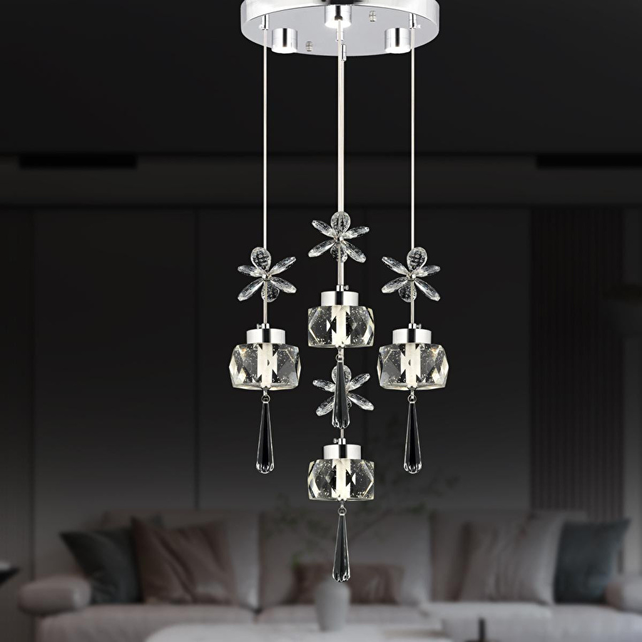 Apliqa Amaris 4'lü Yuvarlak 3 Renkli 52 Watt Krom Kelebek Led Avize Kristal Ledli Modern Oturma Odası Salon Sarkıt Avize