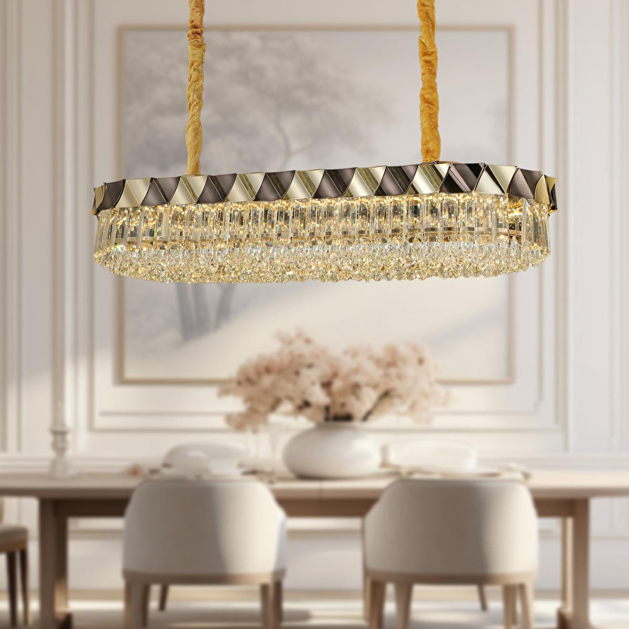 Apliqa Betty Gold Kaplamalı Yemek Masa Üstü 40 Watt Led Sarkıt Modern Tasarım Salon Kristal 3 Renk Ledli Avize