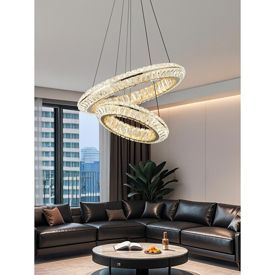 Apliqa Kyler 2'li Gold 180 Watt Kristalli 3 Renkli Led Sarkıt Avize