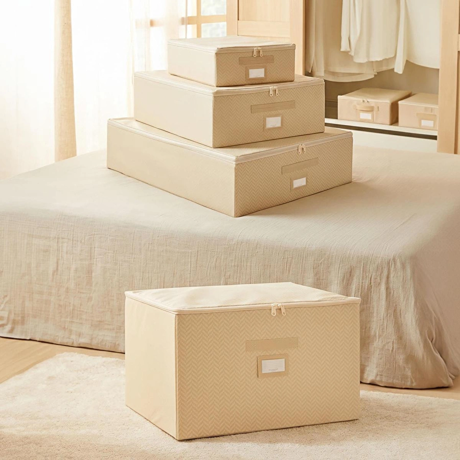 Ocean Home Textile 4'lü Bej Balıksırtı Destekli Kutu Hurç Set 31 X 38 X 12 + 45 X 55 X 18 + 55 X 70 X 18 + 48 X 40 X 30 Cm