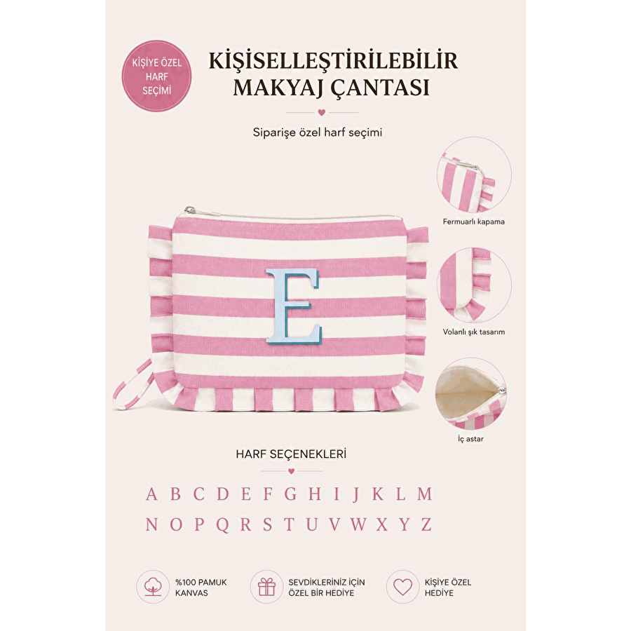 Beige & Stone Kişiye Özel Harf Detaylı Pembe Çizgili 17x29 Cm Volanlı Clutch & Portföy Çanta Kadın El Çantası