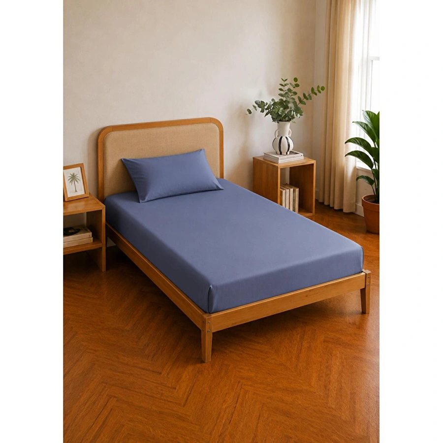 Bella Maison %100 Pamuk Saten Supreme Basic Tek Kişilik Lastikli Çarşaf Mavi (100x200x35 Cm) Mavi