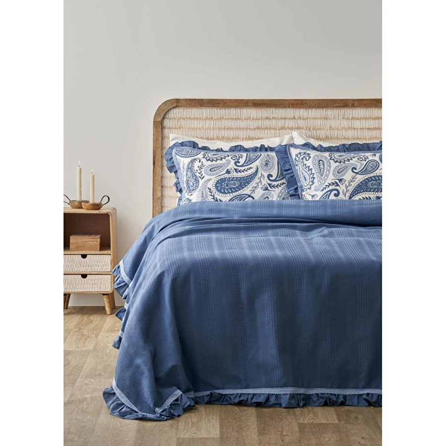 Bella Maison %100 Pamuk Paisley Çift Kişilik Pike Takımı Mavi (200x220 Cm) Mavi