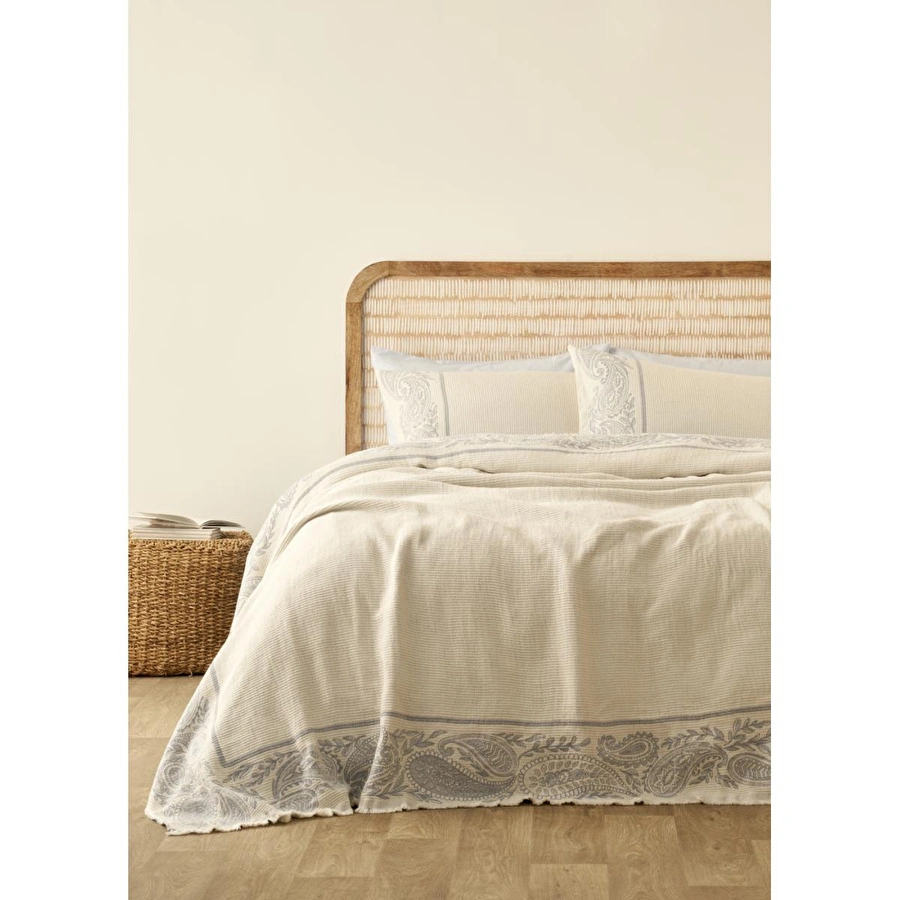 Bella Maison %100 Pamuk Paisley Jakarlı Çift Kişilik Yatak Örtüsü Seti Mavi (240x260 Cm) Mavi
