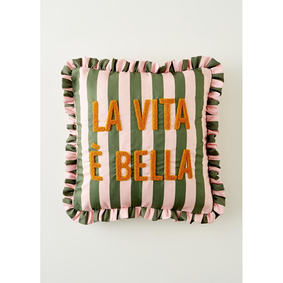 Bella Maison Line Punch Nakışlı Fırfırlı Kırlent Kılıfı Yeşil (43x43 Cm) Yeşil